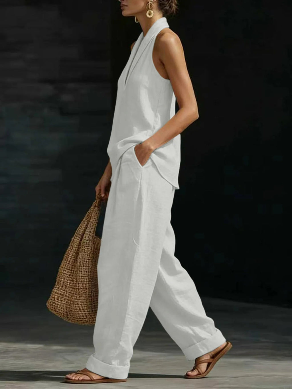 Women Linen 2 Piece Outfit Halter V Neck Sleeveless Tank Top Wide Leg Pants LADYLYS
