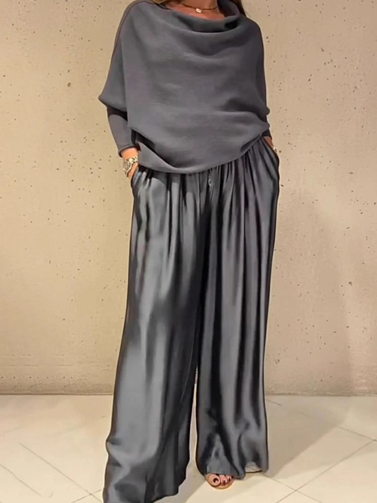 Elegant Slash Collar Off Shoulder Top&Satin Wide Leg Pants Sets Fashion Irregular Solid LADYLYS