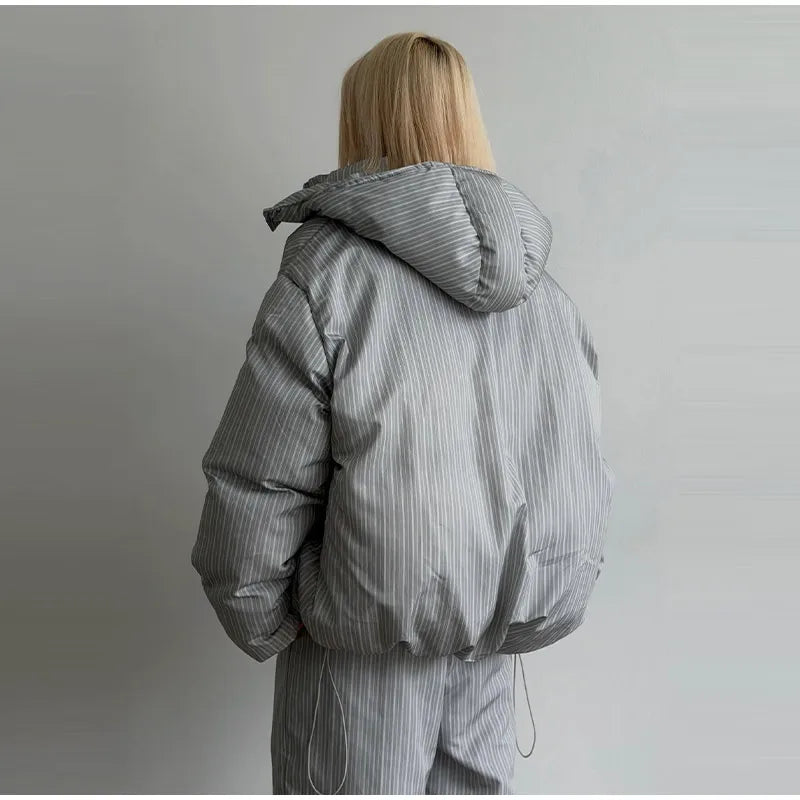 Women's Striped 2-Piece Set – Zip-Up Hooded Puffer Coat & Wide-Leg Jogger Pants | Warm Winter Suit