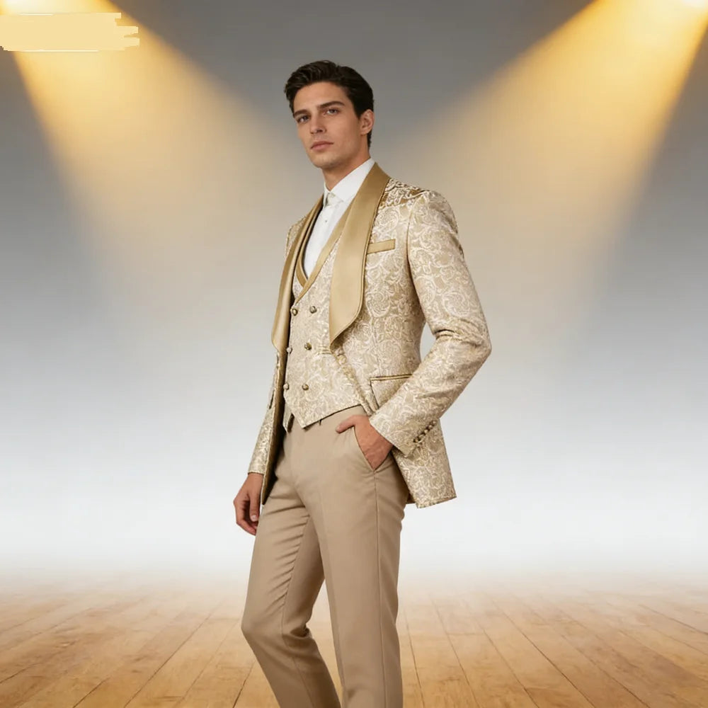 Men’s Champagne Jacquard Three-Piece Wedding Tuxedo