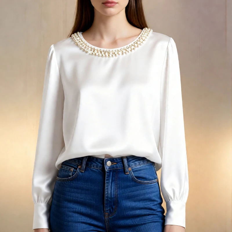 Elegant Satin Shirt Women Spring Autumn Bead Design Long Sleeve Silk Blouse Women Fashion O Neck Loose Pullover Tops LADYLYS