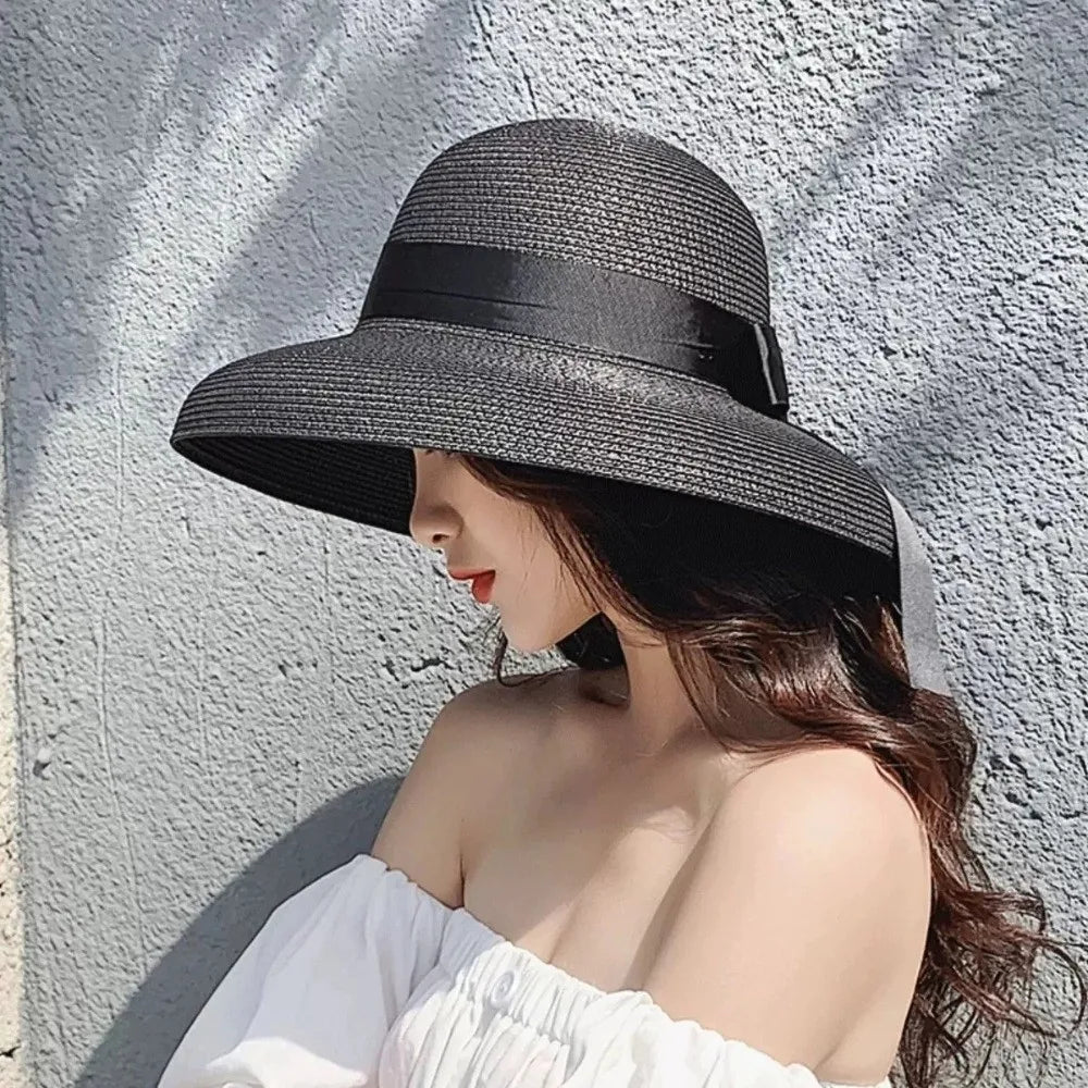 Vintage Breathable Straw Hat Black Ribbon Large Brim Sunshade Hat UV Protection Sun Hat Women LADYLYS