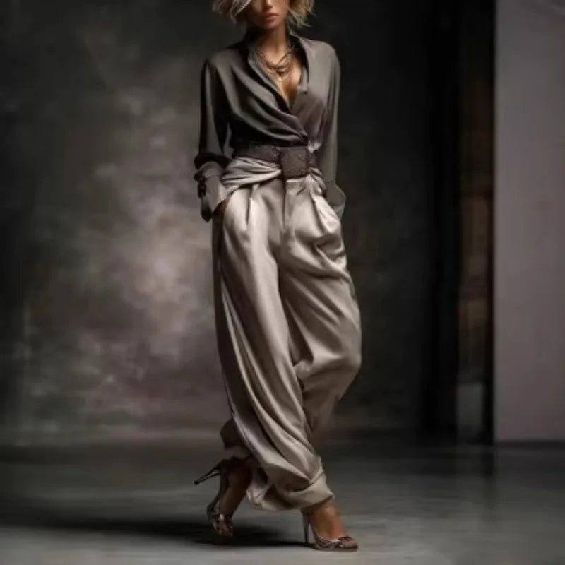 Vintage Satin Wide Leg Pants Suit Long Sleeve Cross V Neck Shirt High Waist LADYLYS