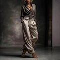 Vintage Satin Wide Leg Pants Suit Long Sleeve Cross V Neck Shirt High Waist LADYLYS