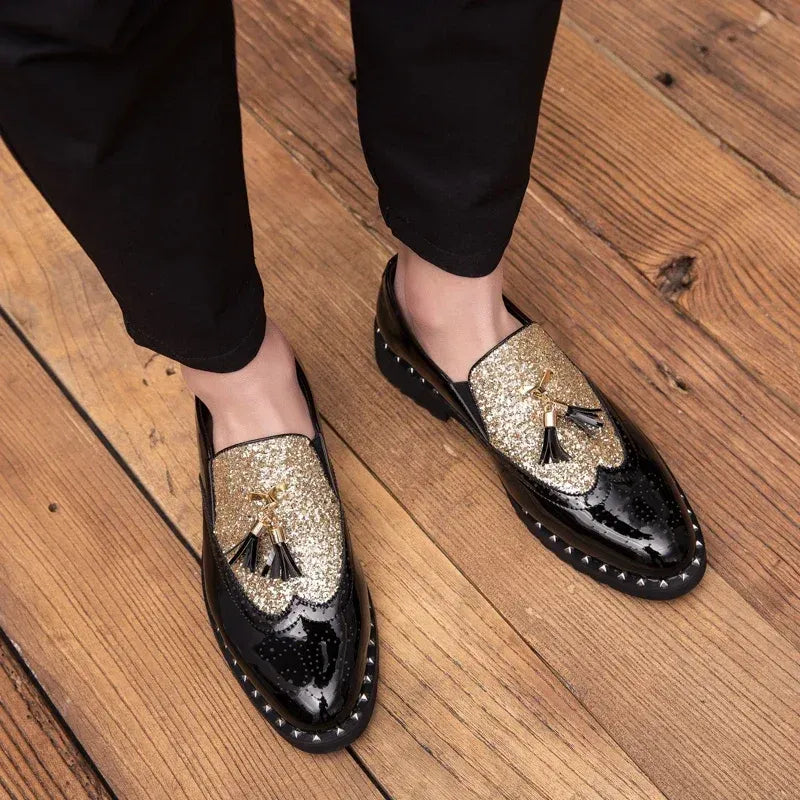 Men's Sequin Loafers in Black & Black Gold