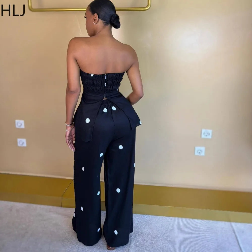 HLJ Women Polka Dot 2 Piece Outfits Elegant Bandeau Tube Top + High Waist Wide Leg Pants Set Summer Casual Streetwear Holidays LADYLYS