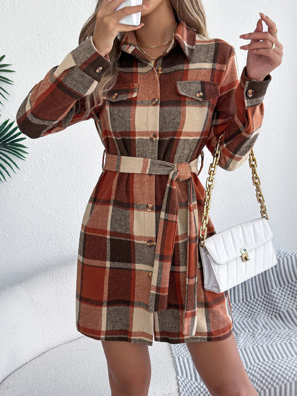 Women's Plaid Shirt Dress – Long Sleeve Belted A-Line Knee-Length Dress | Retro Casual Style