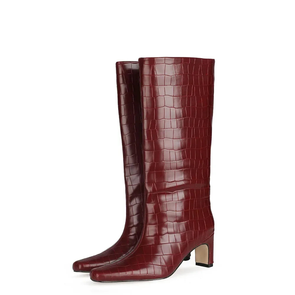 Women's Patent Leather Knee-High Boots – Thick Square Heel Slip-On Winter Boots in 21 Colours