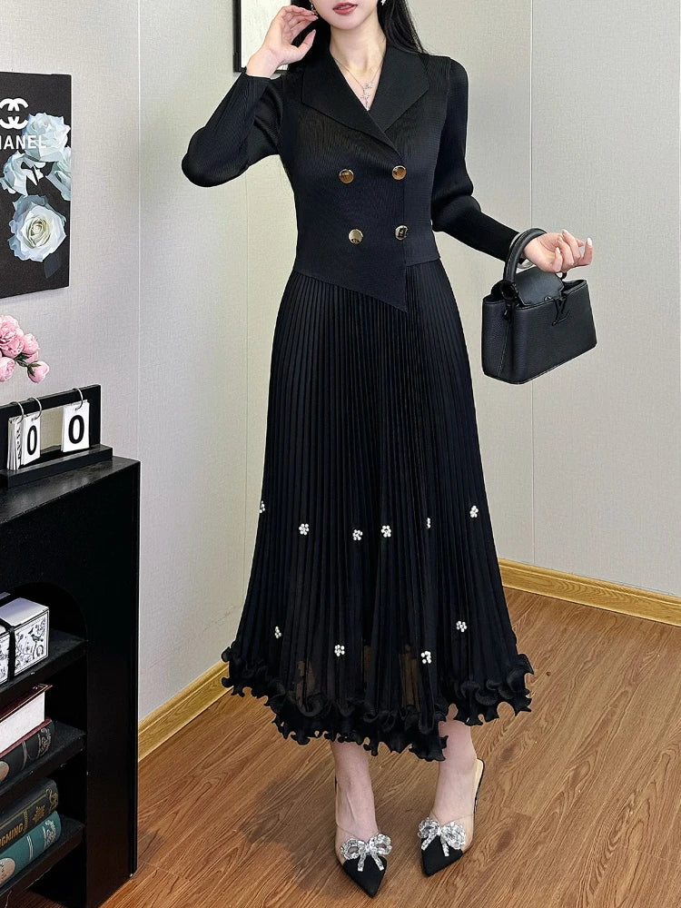 Miyake Pleated Long Dress – Double-Breasted Waist-Cinching A-Line Skirt