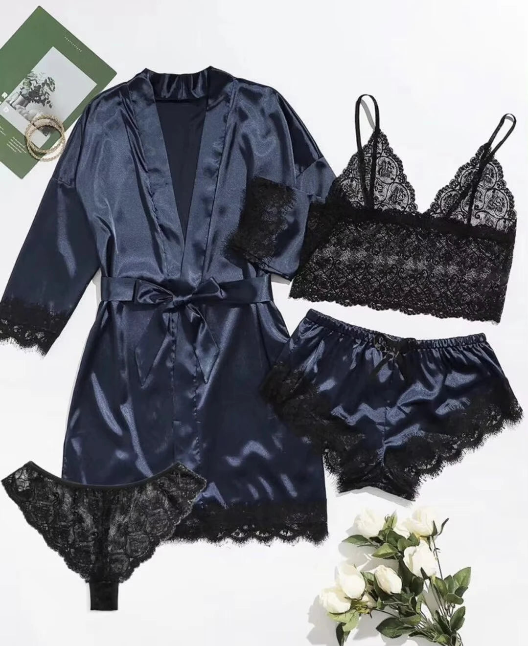 Pajama Fashion 4-piece Set Lace Satin Strap Sexy, Comfortable LADYLYS
