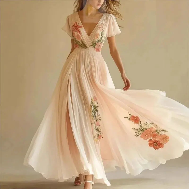 Trend Summer Short Sleeve High Waist Dresses Sexy V Neck Floral Printed LADYLYS