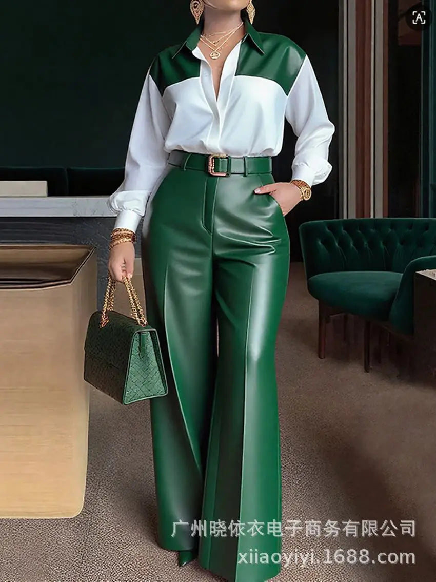 Women's 2-Piece Set: Long Sleeve Shirt and Wide-Leg Faux Leather Trousers