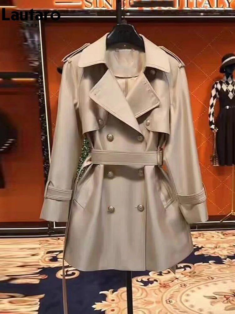 Women's Khaki Satin Trench Coat – Double-Breasted, Belted, Elegant Fit