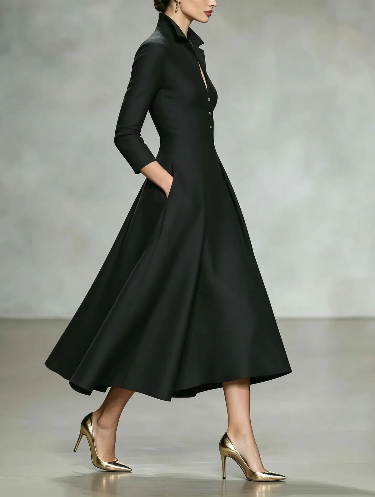 Women's Elegant V-Neck Long Sleeve Shirt Dress with Cinched Waist and Flared Skirt