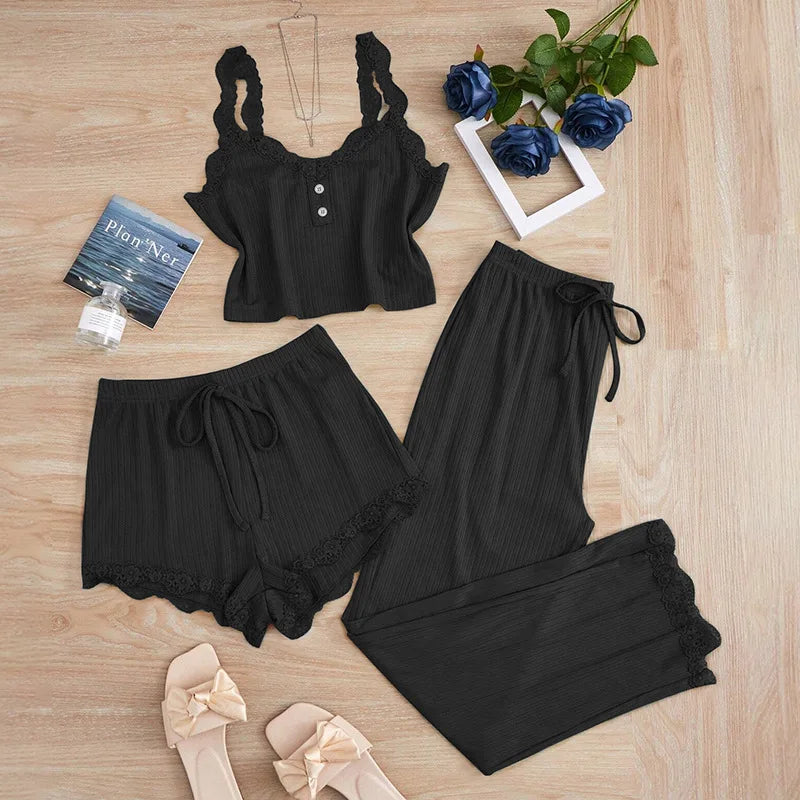 3PCS Pajama Sets Solid Vest Shorts and Pants Paired with Lace Splicing LADYLYS
