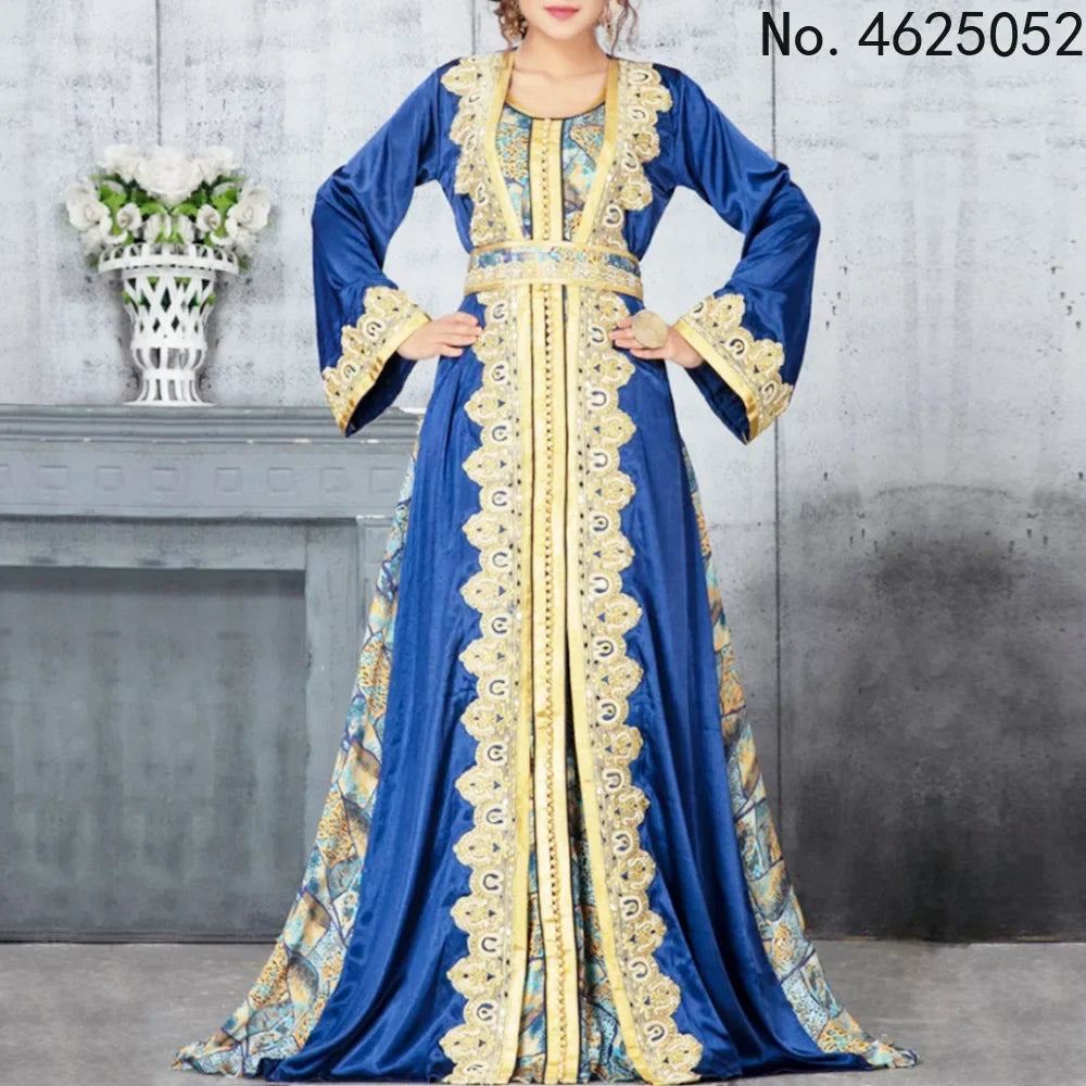 Ensemble 2 pièces pour femme musulmane, caftan marocain personnalisé, robe + abaya imprimée avec ceinture Matutina-Chic
