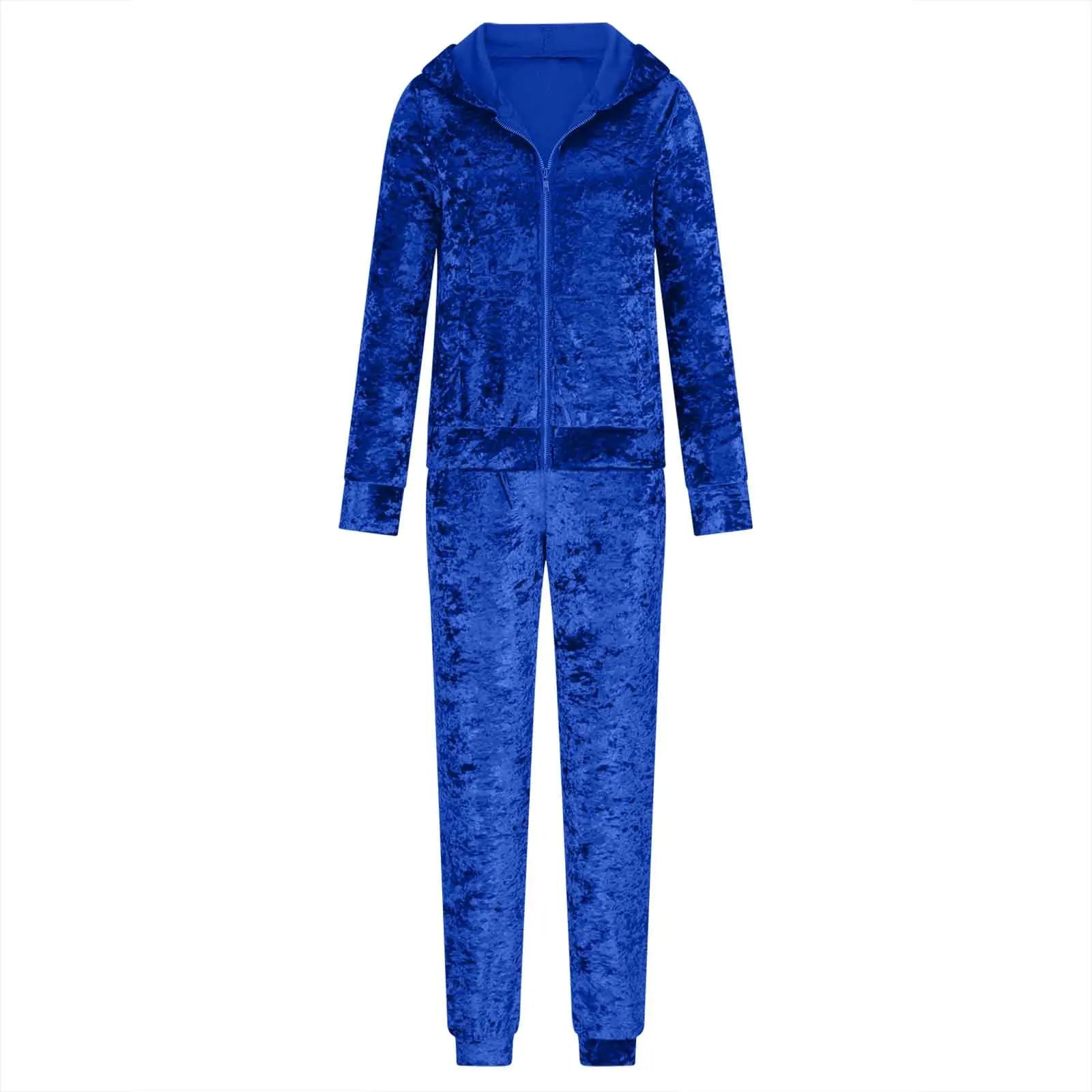 Women's Velvet Tracksuit 2-Piece Set – Full-Zip Hoodie & Jogger Sweatpants with Pockets