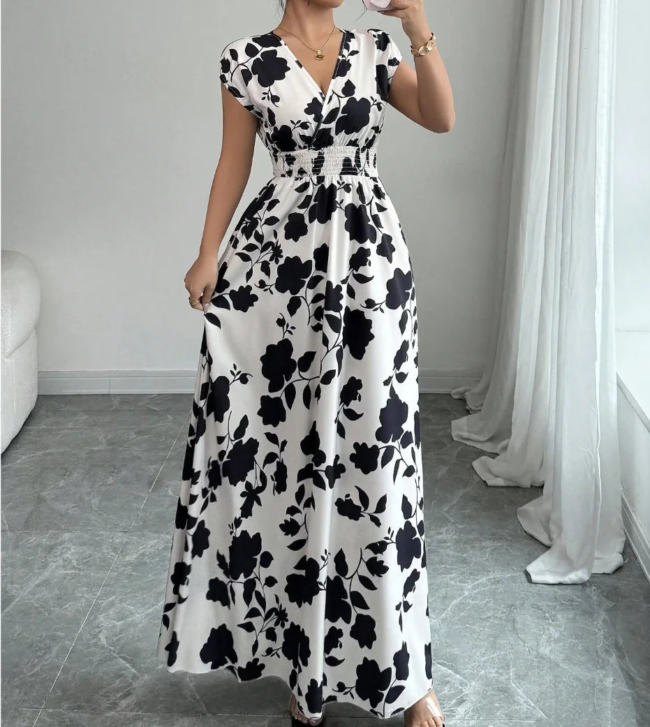 Printed V-Neck Short Sleeve Midi Dress – Lace-Up Waist Casual Summer Dress