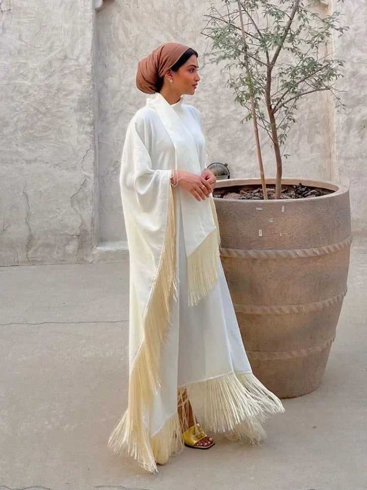Women's Elegant Tassel Abaya Kaftan – Loose Long Evening Dress | Eid, Ramadan & Party Occasion