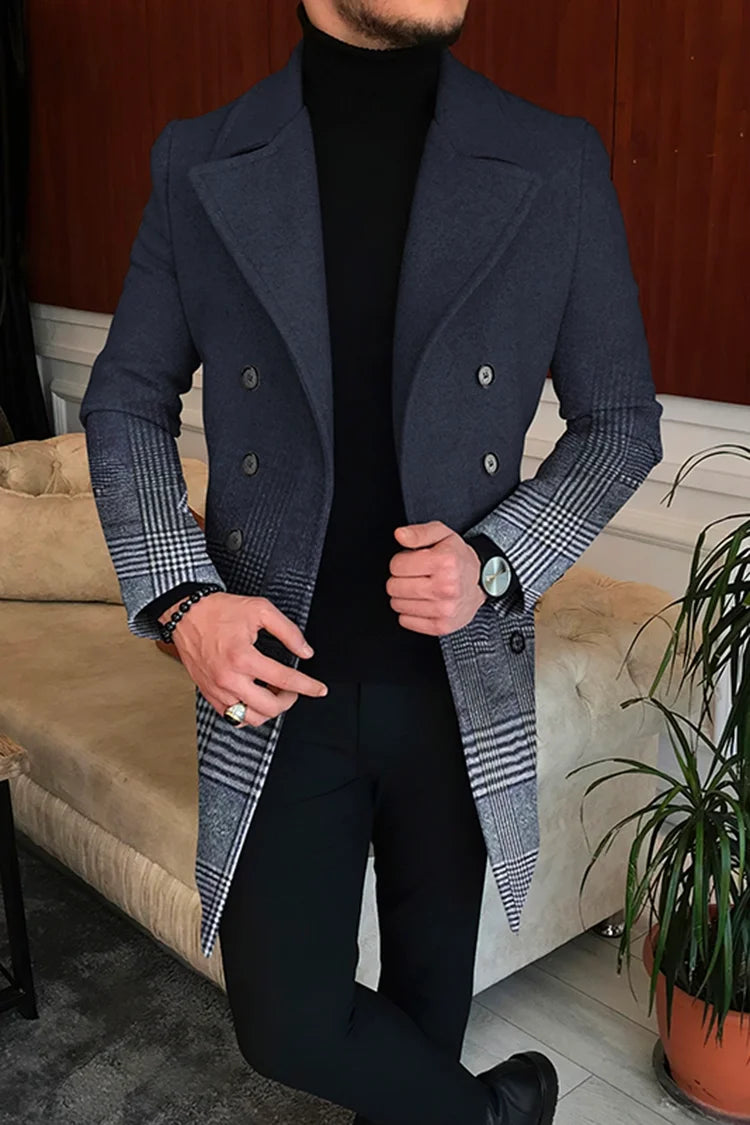 Men's Printed Long Overcoat with Lapel Collar and Button Front