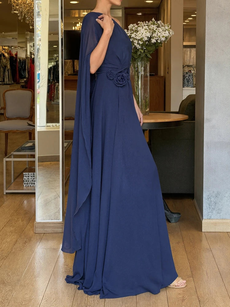 Women's Sexy Slant Shoulder Pleat Long Dress Fashion Flower Dimensional Solid Party Dress Casual Long One Shoulder Gowns Dress LADYLYS