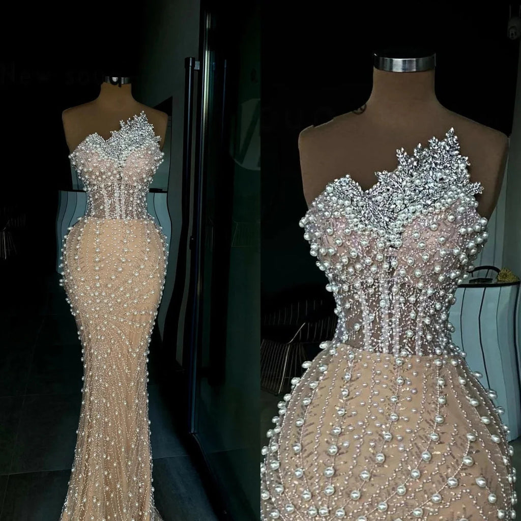 Gorgeous Evening Dresses Strapless Sleeveless Gown Pearls Beaded Sequins Crystal LADYLYS