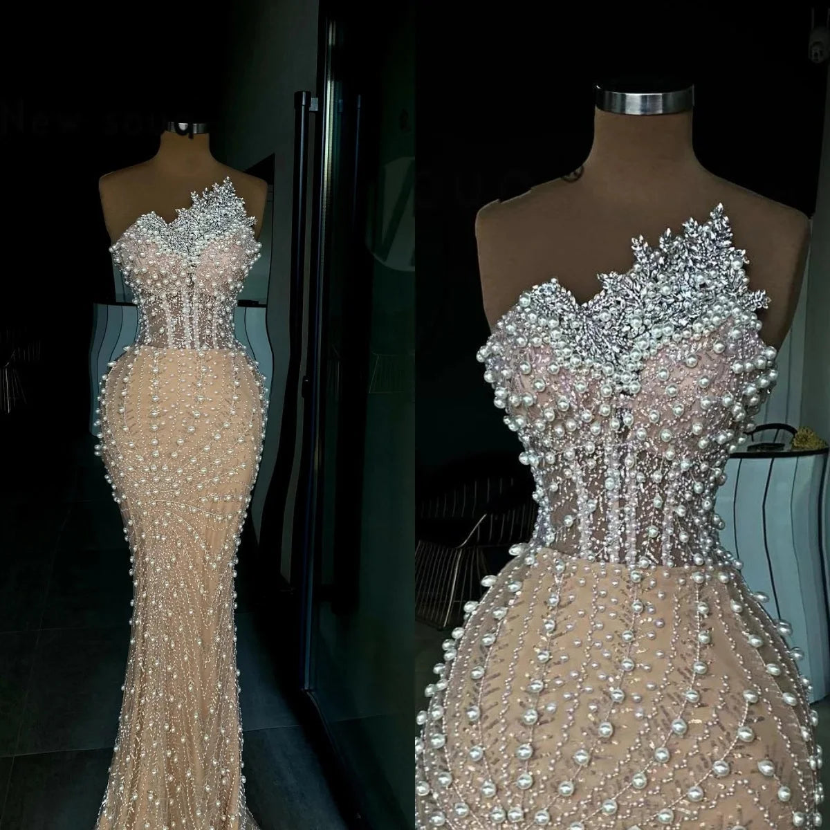 Gorgeous Evening Dresses Strapless Sleeveless Gown Pearls Beaded Sequins Crystal LADYLYS