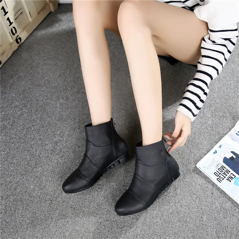 Women's Genuine Leather Platform Ankle Boots – Zip-Up Wedge Booties with Plush Option