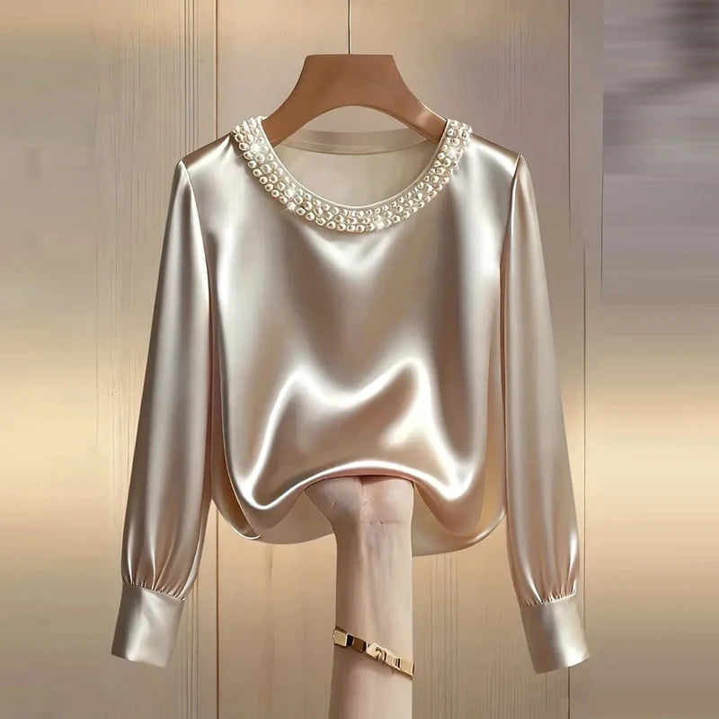 Elegant Satin Shirt Women Spring Autumn Bead Design Long Sleeve Silk Blouse Women Fashion O Neck Loose Pullover Tops LADYLYS