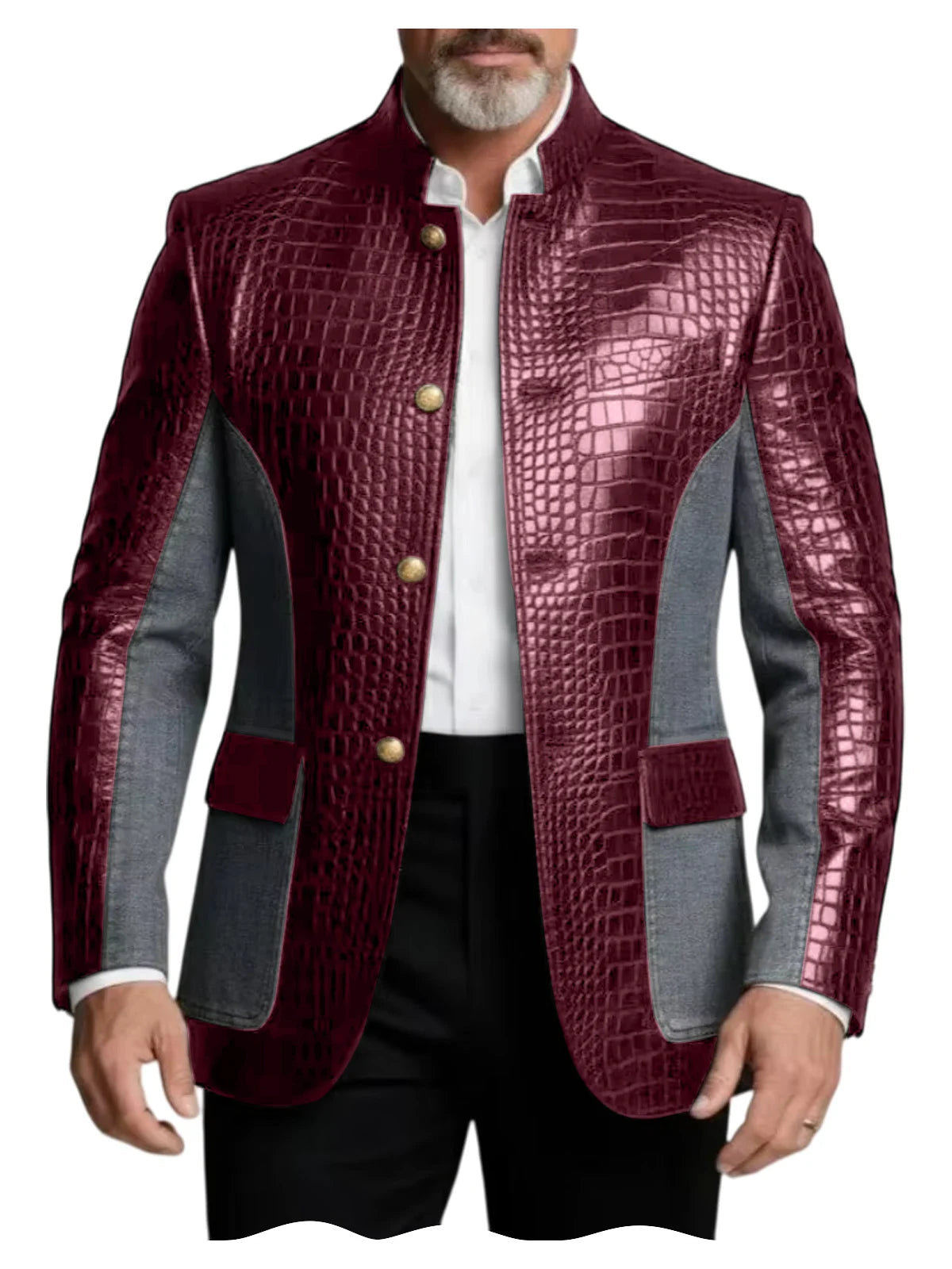 Men's Crocodile Embossed Leather Brown Jacket Patchwork Denim Luxury PU LADYLYS