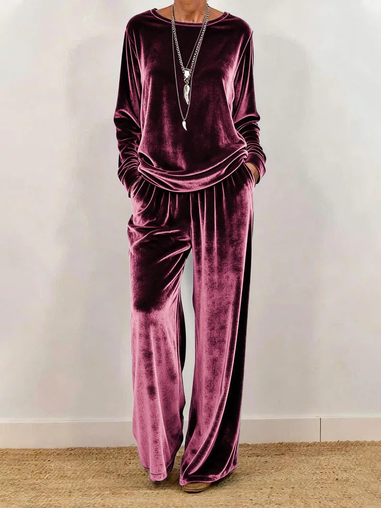 Women's Velvet Two-Piece Set – O-Neck Top & Wide-Leg Pants, Loose Fit, Office & Party