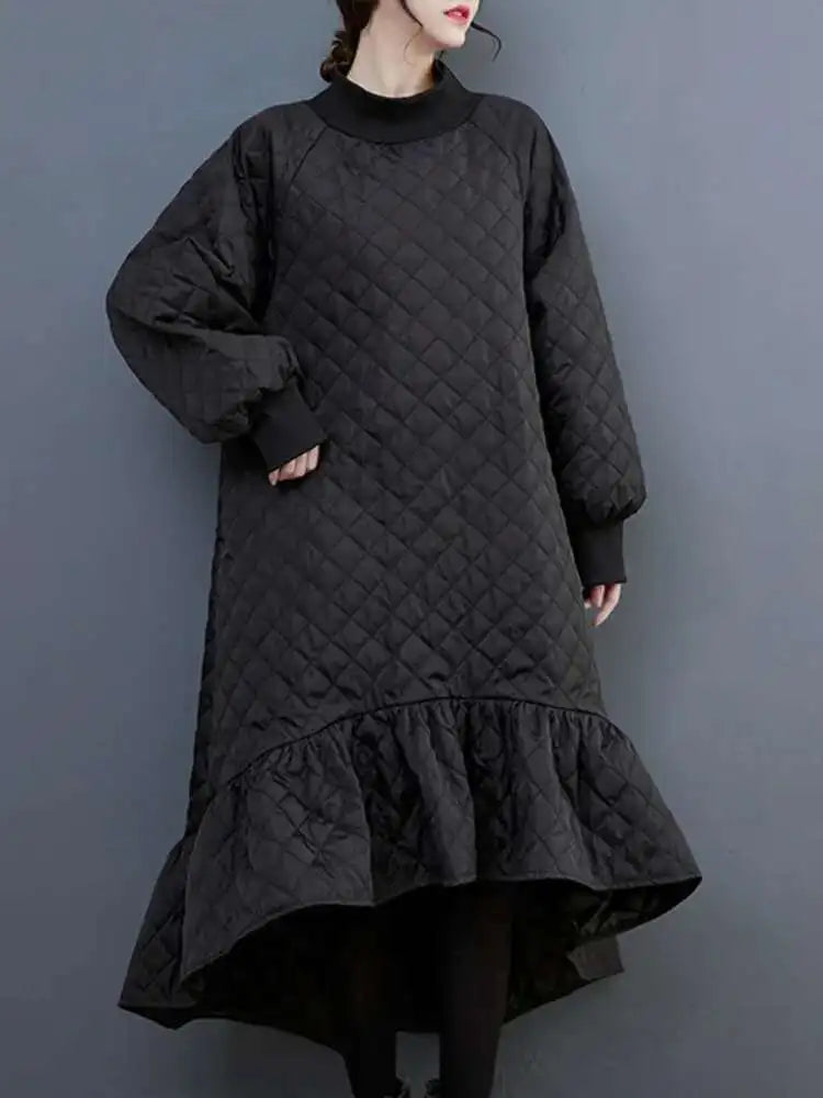 Women's Black Long Sleeve Fishtail Midi Dress with Round Neck