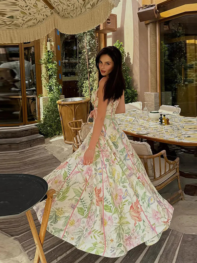 Floral Print Halter Neck Corset Waist Maxi Dress Elegant LADYLYS
