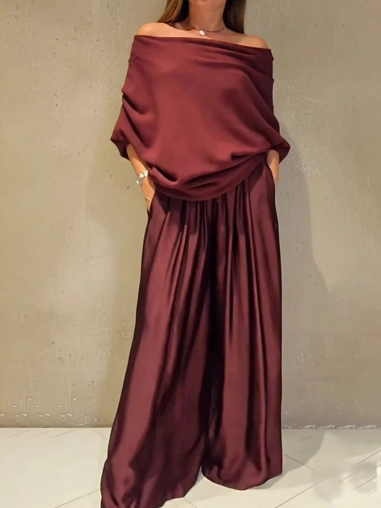 Elegant Slash Collar Off Shoulder Top&Satin Wide Leg Pants Sets Fashion Irregular Solid LADYLYS
