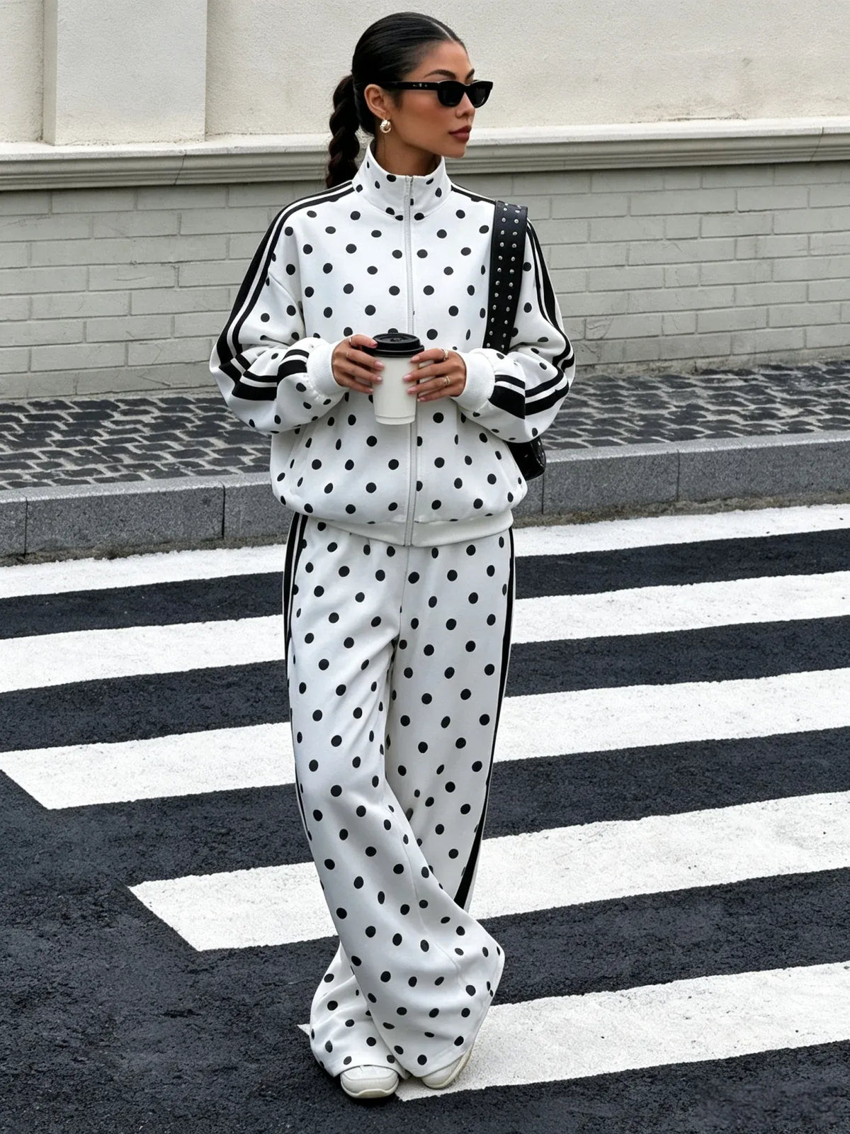 Women's Polka Dot Zip-Up Jacket & Wide-Leg Trousers Set