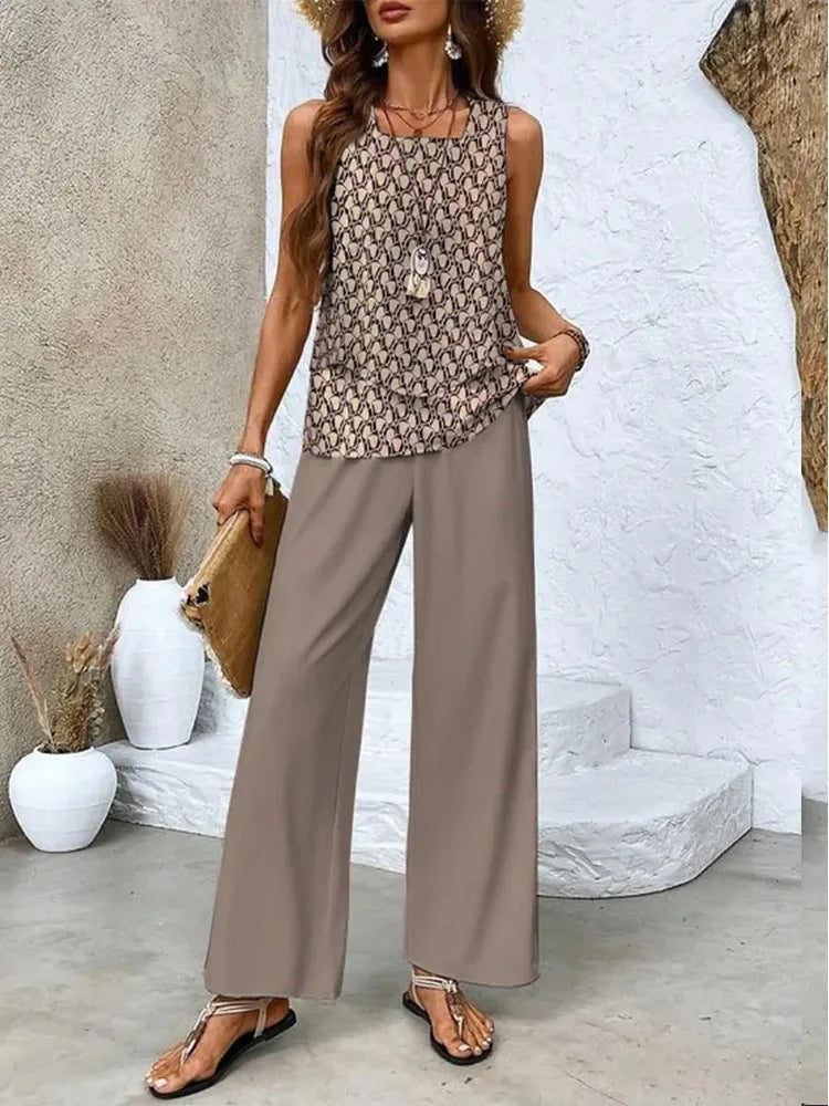 Summer Print Women Two Piece Set Fashion Top Sleevelss Elegant Suits LADYLYS