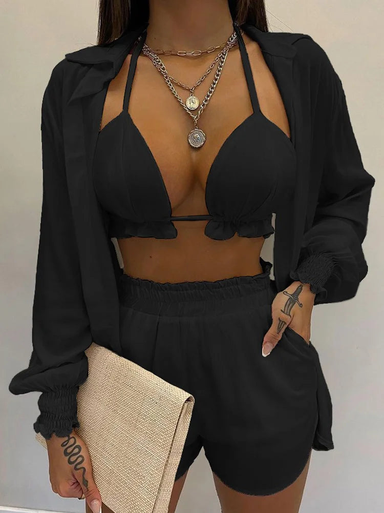 Three Pieces Swimwear Sexy Beachwear Bathing Suit Shorts Cover Up LADYLYS