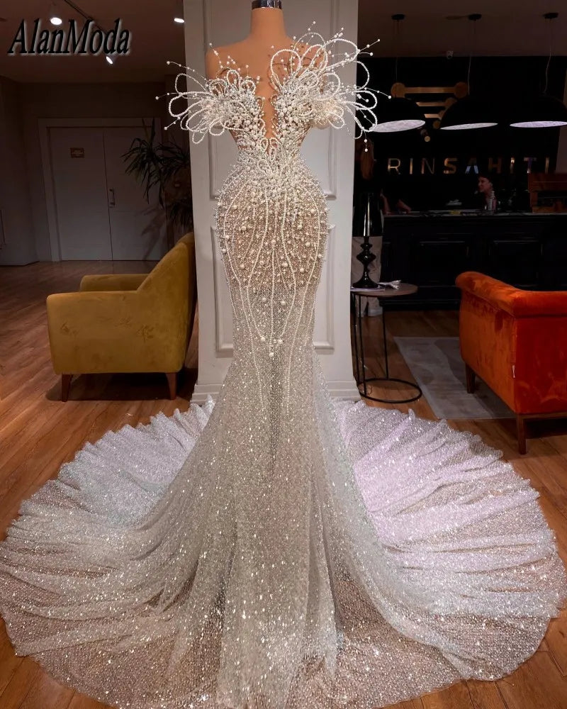 Evening Dress Gowns Shiny Pearls Dubai Prom LADYLYS