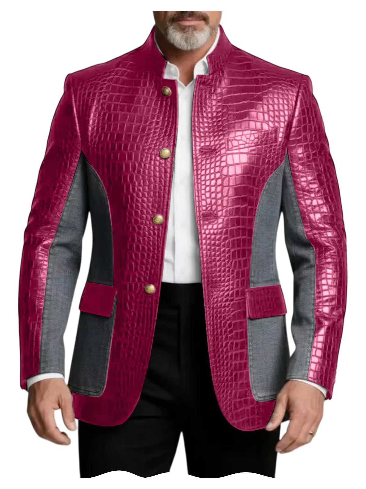 Men's Crocodile Embossed Leather Brown Jacket Patchwork Denim Luxury PU LADYLYS