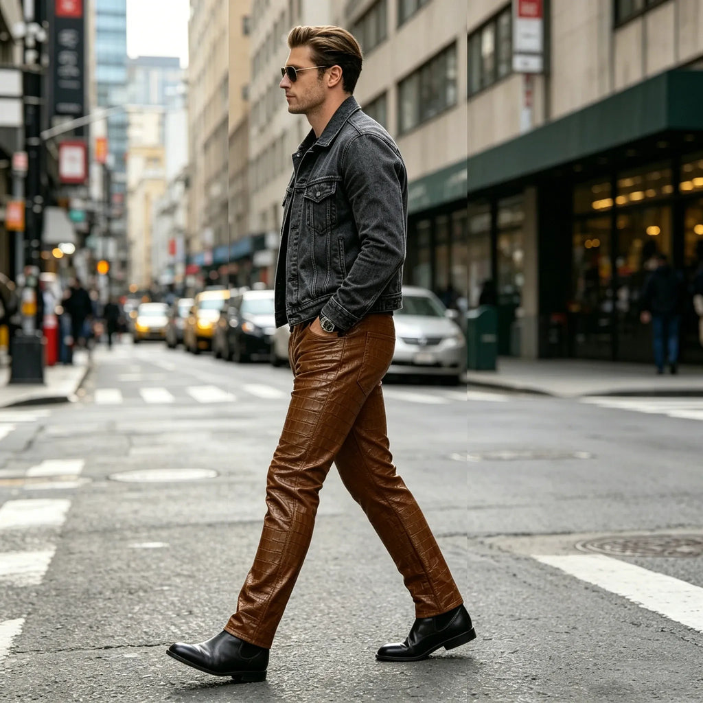 Men's Croc-Embossed Faux Leather Slim-Fit Trousers