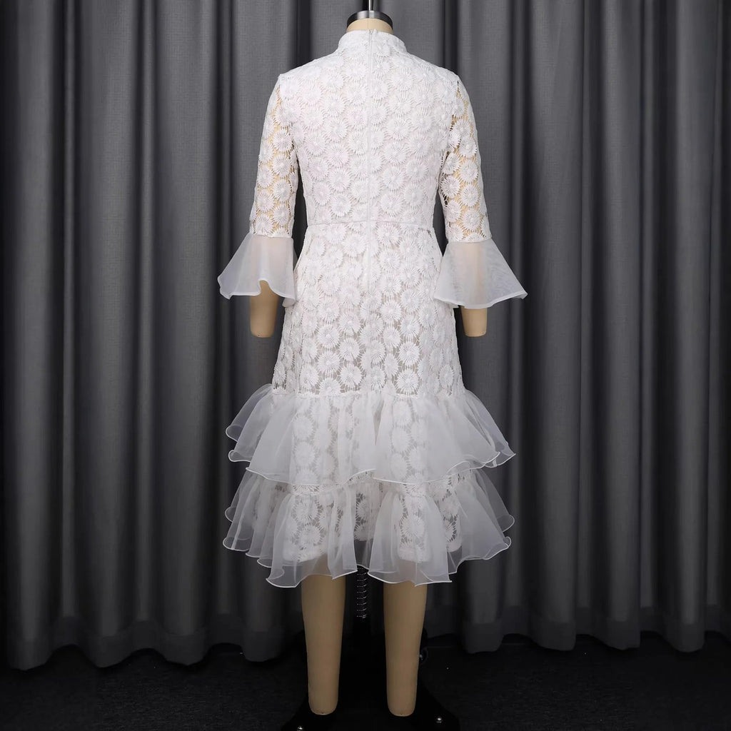 Tiered Dresses Solid Hollow Out Mid Calf Lenth Flared LADYLYS