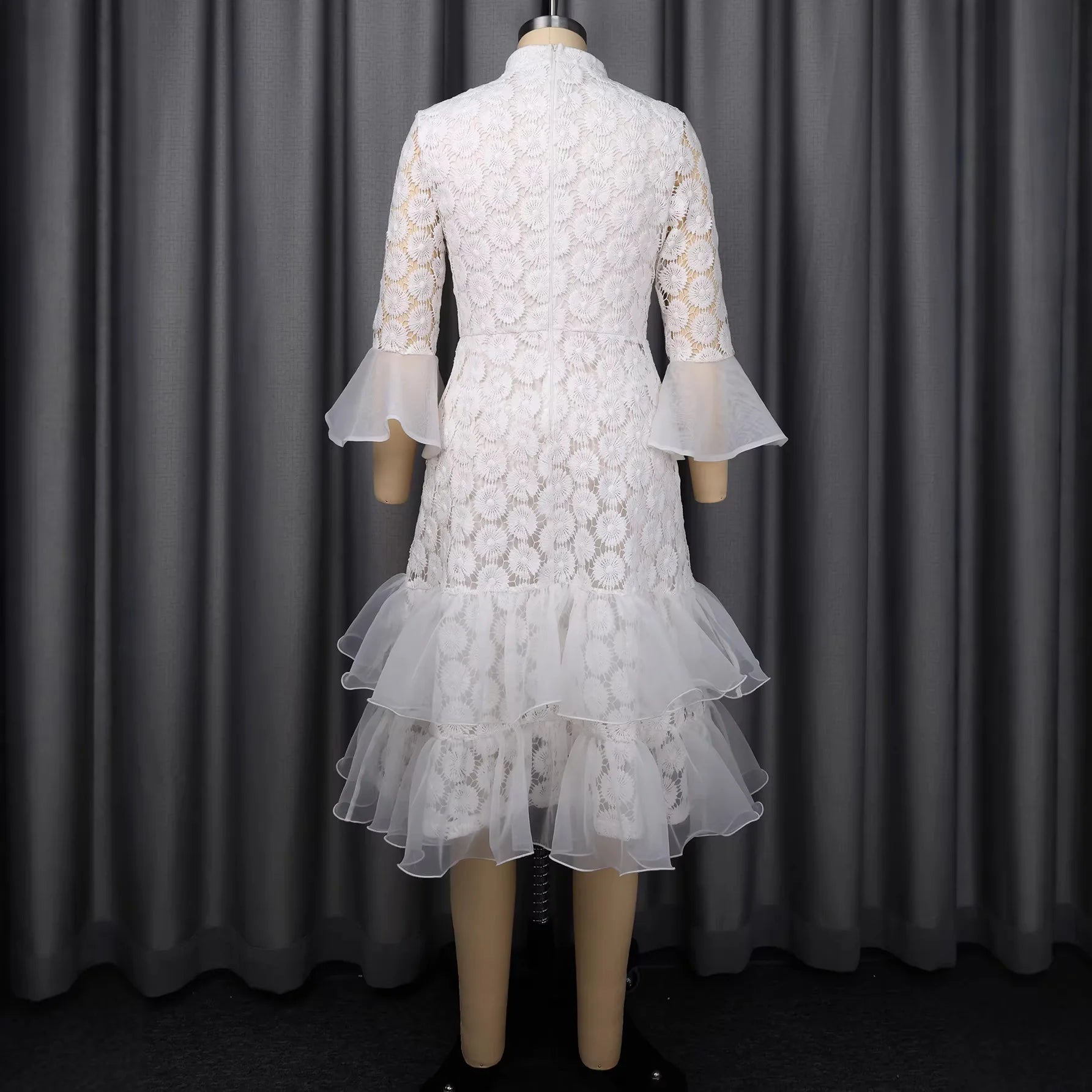 Tiered Dresses Solid Hollow Out Mid Calf Lenth Flared LADYLYS