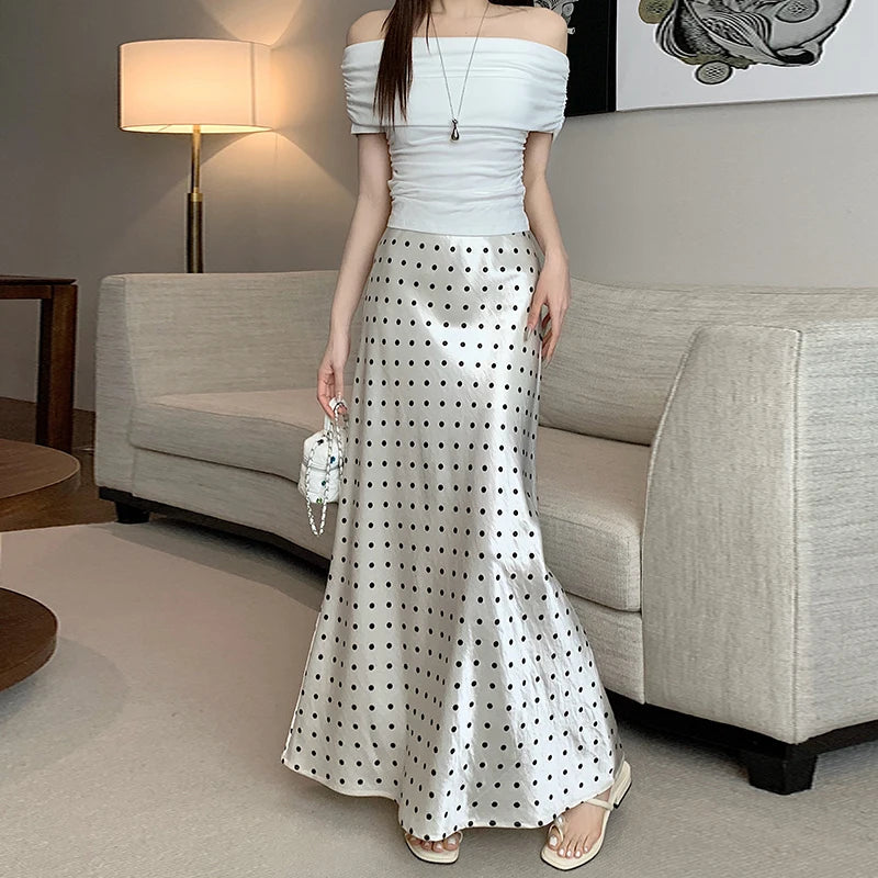 Polka Dot Acetate Satin Mermaid Maxi Skirt High-Waisted Slimming Fishtail Hem with Draped Elegance LADYLYS