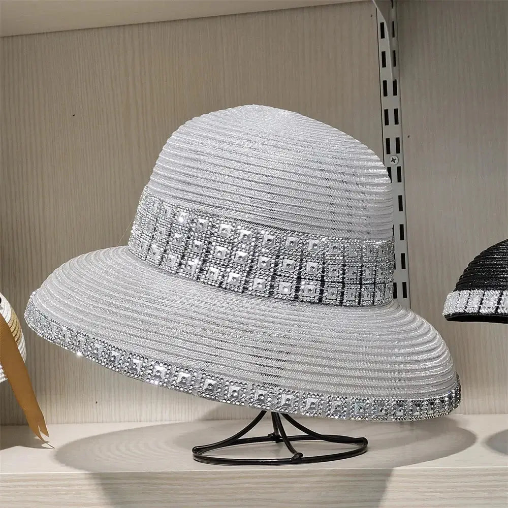 Bucket Hat Summer Hats for Women Fishing Hat Woolen Rhinestone Solid Color Basin Hat Leisure Outdoor Beach Sun Hat LADYLYS