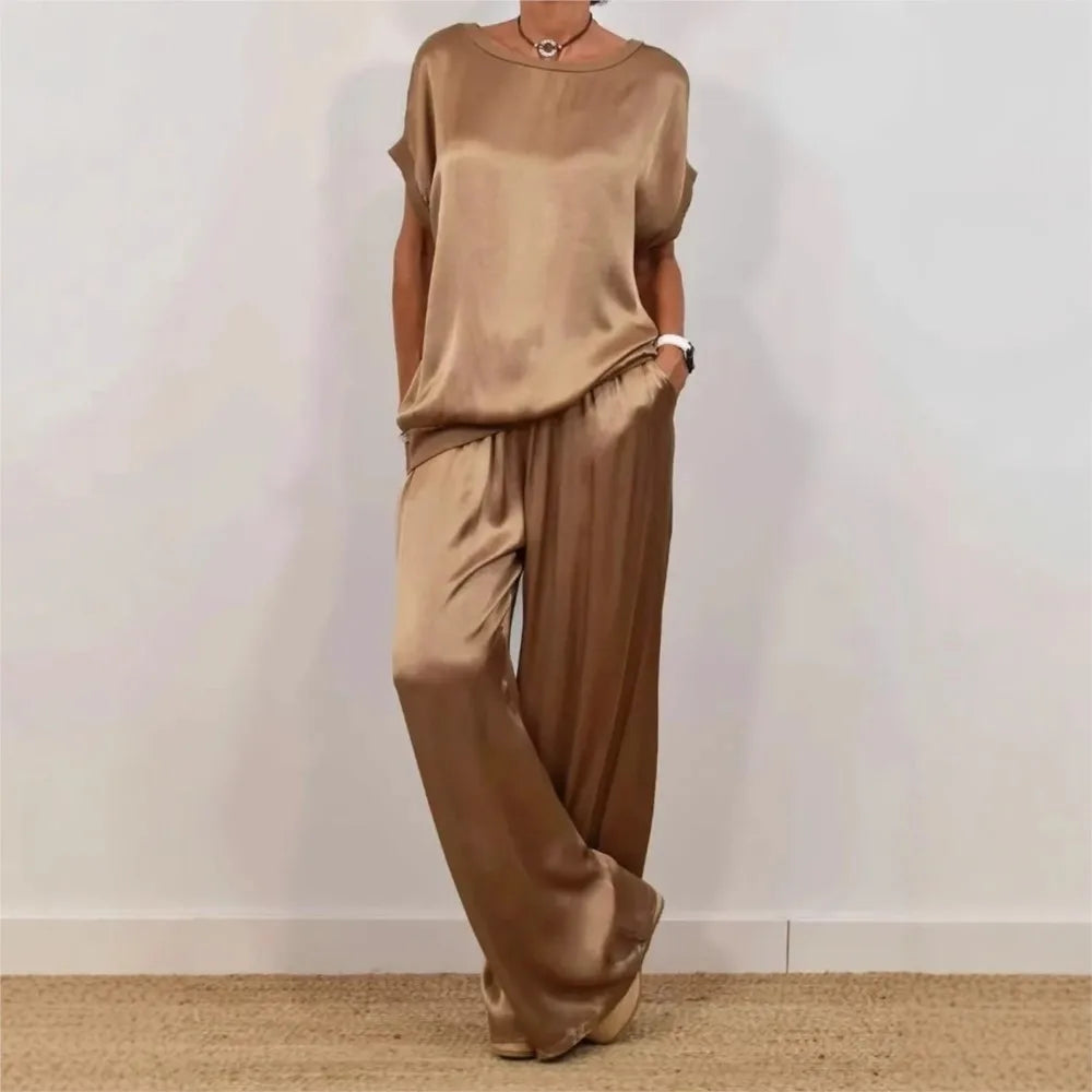 2-piece Set Fashion Satin O Neck T-shirt Top Trousers Summer Retro Elegant LADYLYS