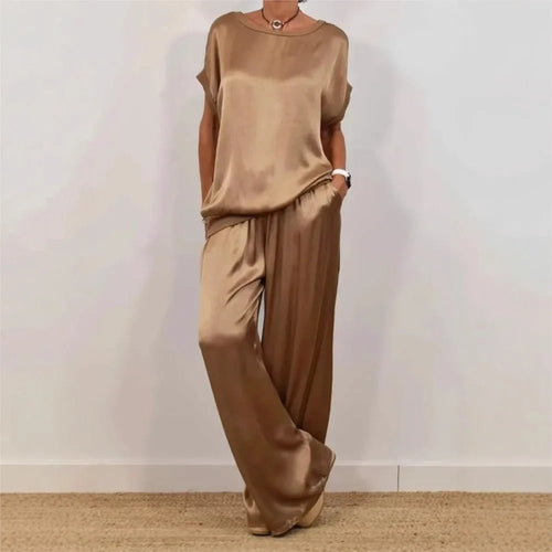 2-piece Set Fashion Satin O Neck T-shirt Top Trousers Summer Retro Elegant LADYLYS