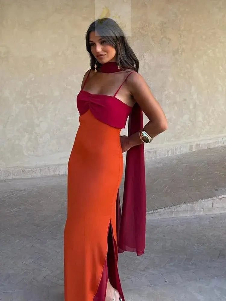 Blocking Scarf Collar Sling Dress Sexy Split Waist Cinching Bodycon Maxi Gowns LADYLYS