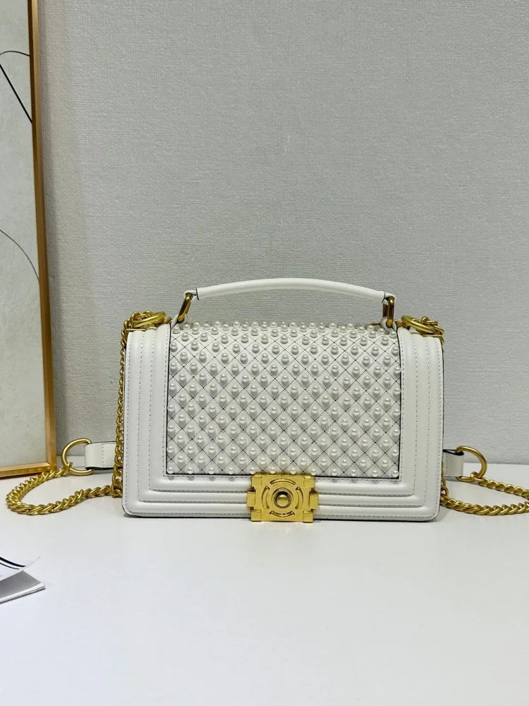 Luxury Designer Inlaid Pearls Lattice Embroidery Women's Shoulder Bag Fashion High-end Handbags Small Square Bag Versatile Purse LADYLYS