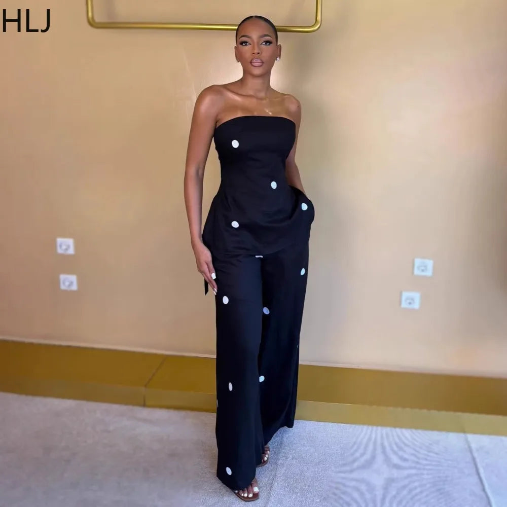HLJ Women Polka Dot 2 Piece Outfits Elegant Bandeau Tube Top + High Waist Wide Leg Pants Set Summer Casual Streetwear Holidays LADYLYS