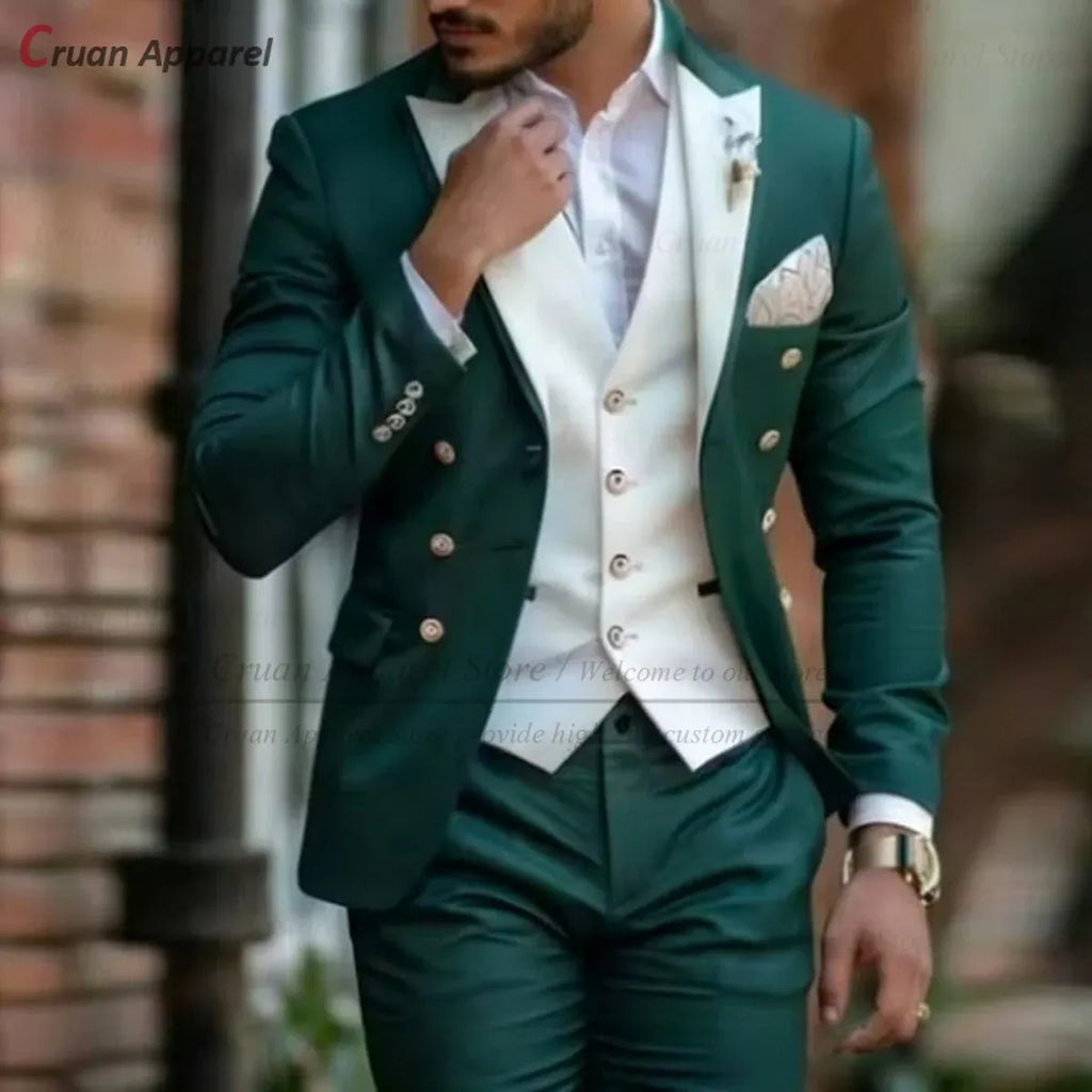 Men's Green Slim-Fit Three-Piece Double-Breasted Suit